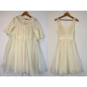 Vtg Sz 32 Bridal Glamour Vanity Fair Ivory Sheer Chiffon Nightgown Peignoir Robe